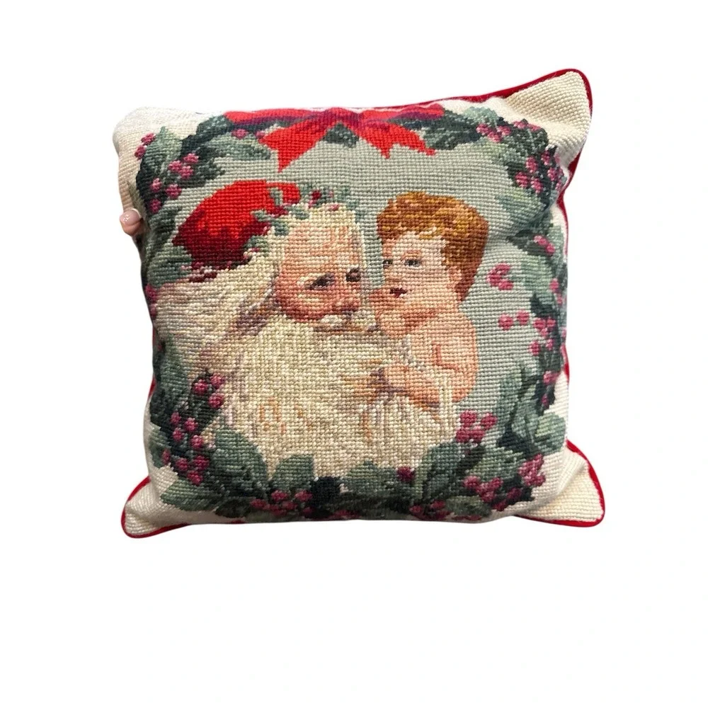 Vintage Christmas Needlepoint‎ Santa Angel Accent Pillow Imperial Elegance 12X12